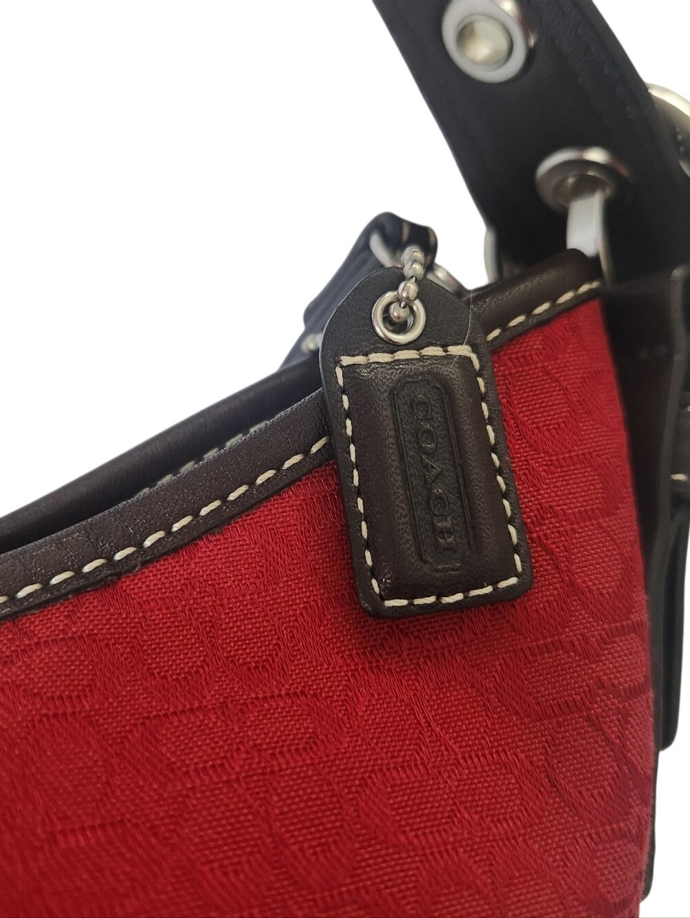 VGC COACH D062-2154 Signature Jacquard Shoulder Bag Red Y2K Brown Leather - Picture 6 of 12